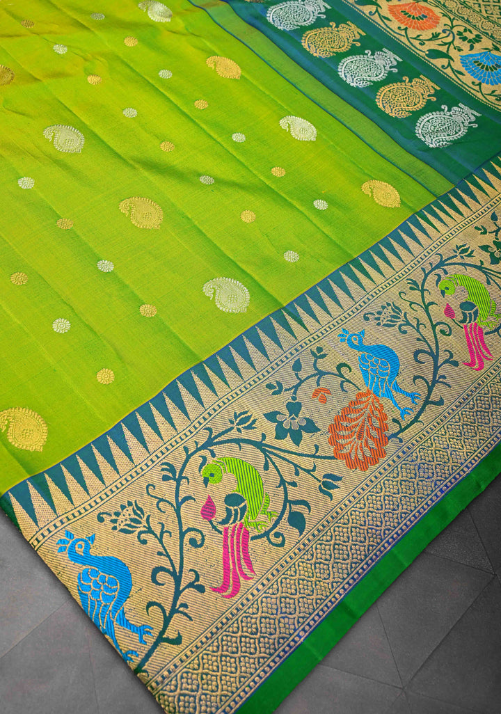 Chartreuse Gadwal Silk Saree with Sona Rupa Buttas and Paithani Style Border | SILK MARK CERTIFIED