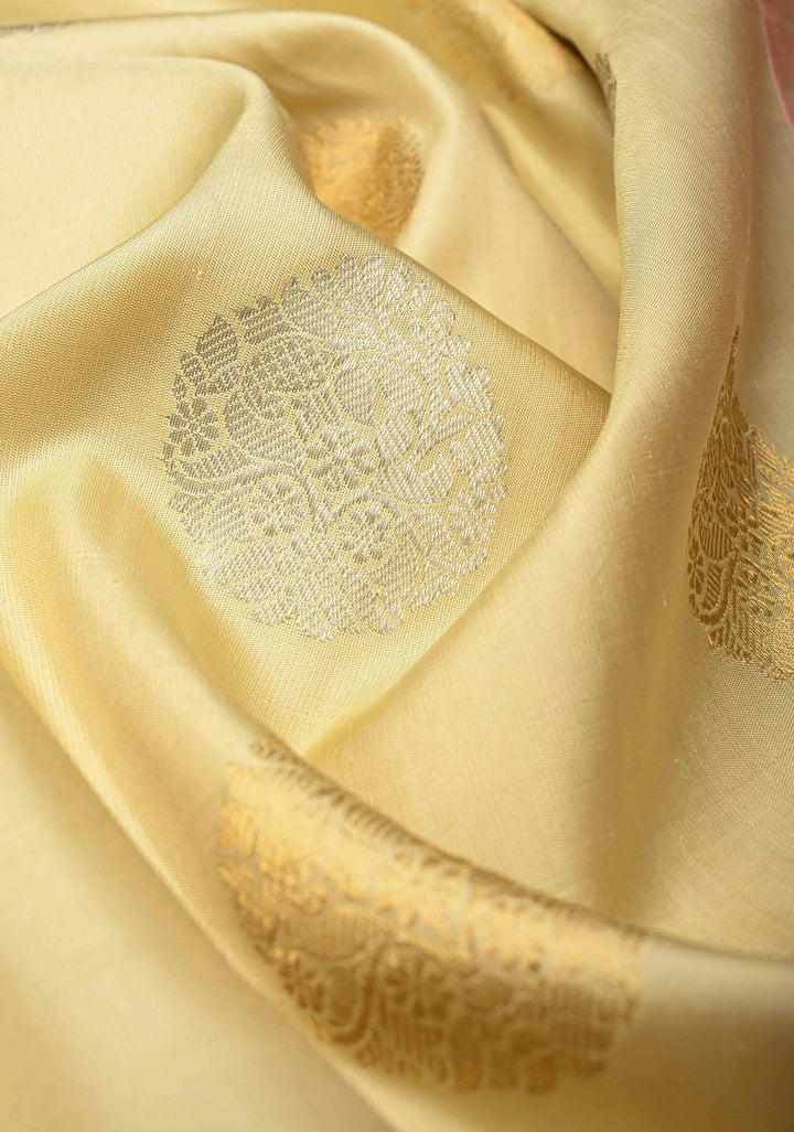 Beige Gadwal Pure Silk Saree with Sona Rupa Motifs and Meenakari Zari Border | SILK MARK CERTIFIED