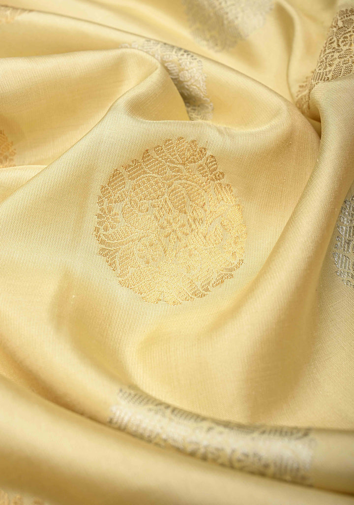 Beige Gadwal Pure Silk Saree with Sona Rupa Motifs and Meenakari Zari Border | SILK MARK CERTIFIED