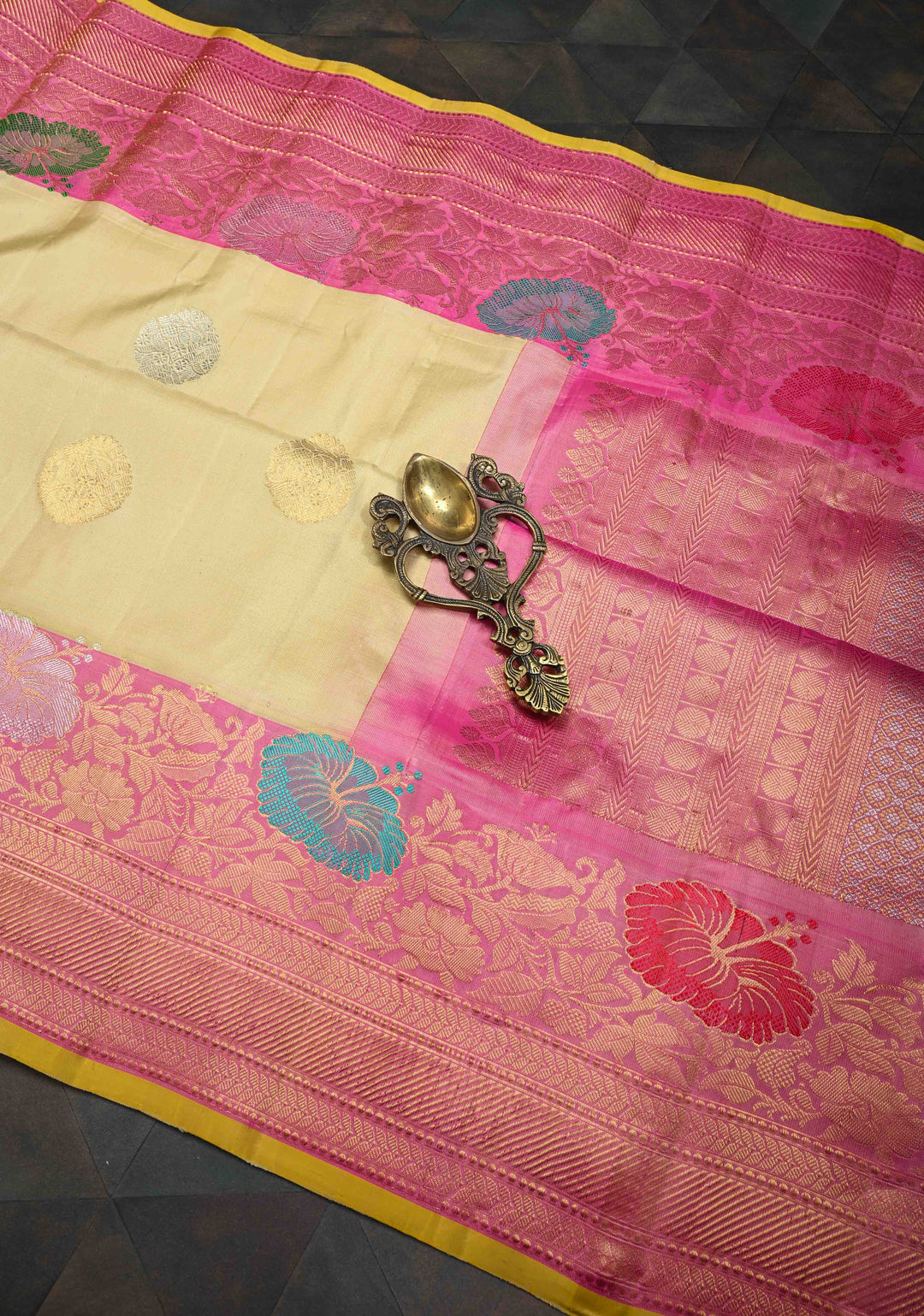Beige Gadwal Pure Silk Saree with Sona Rupa Motifs and Meenakari Zari Border | SILK MARK CERTIFIED