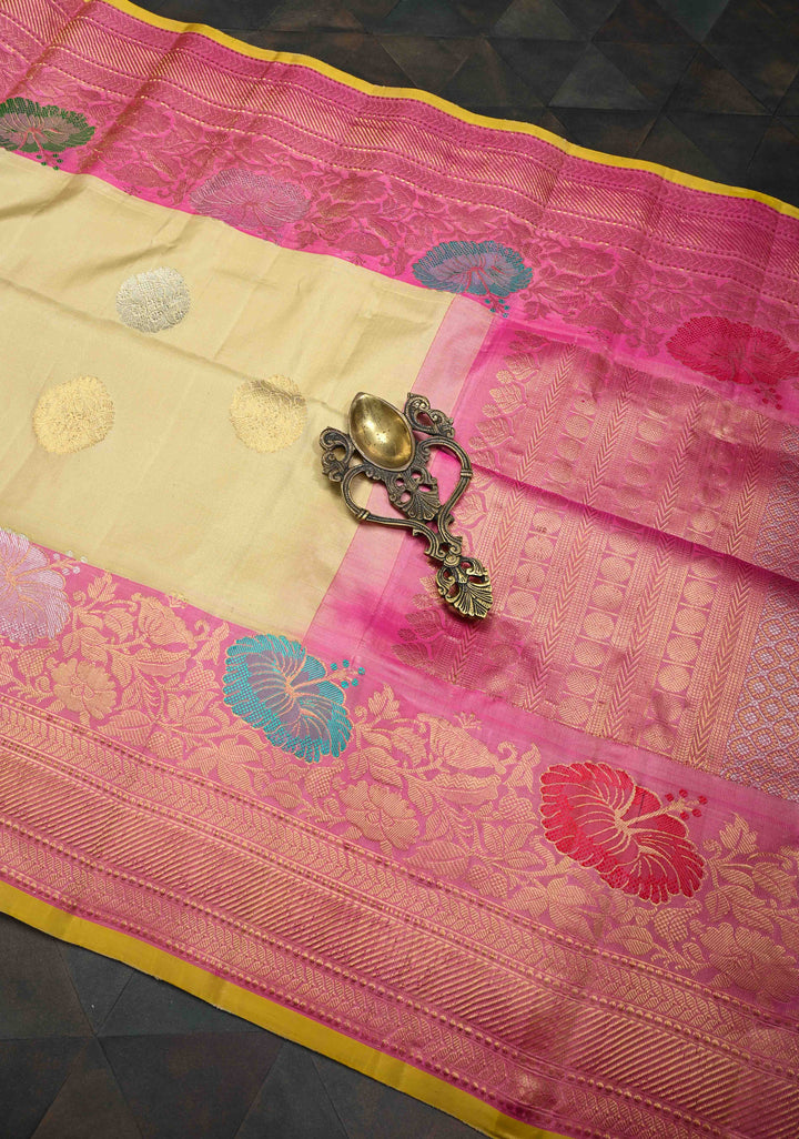 Beige Gadwal Pure Silk Saree with Sona Rupa Motifs and Meenakari Zari Border | SILK MARK CERTIFIED