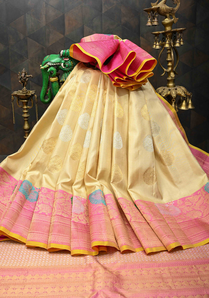 Beige Gadwal Pure Silk Saree with Sona Rupa Motifs and Meenakari Zari Border | SILK MARK CERTIFIED