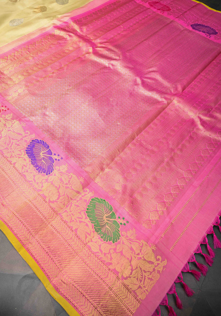 Beige Gadwal Pure Silk Saree with Sona Rupa Motifs and Meenakari Zari Border | SILK MARK CERTIFIED
