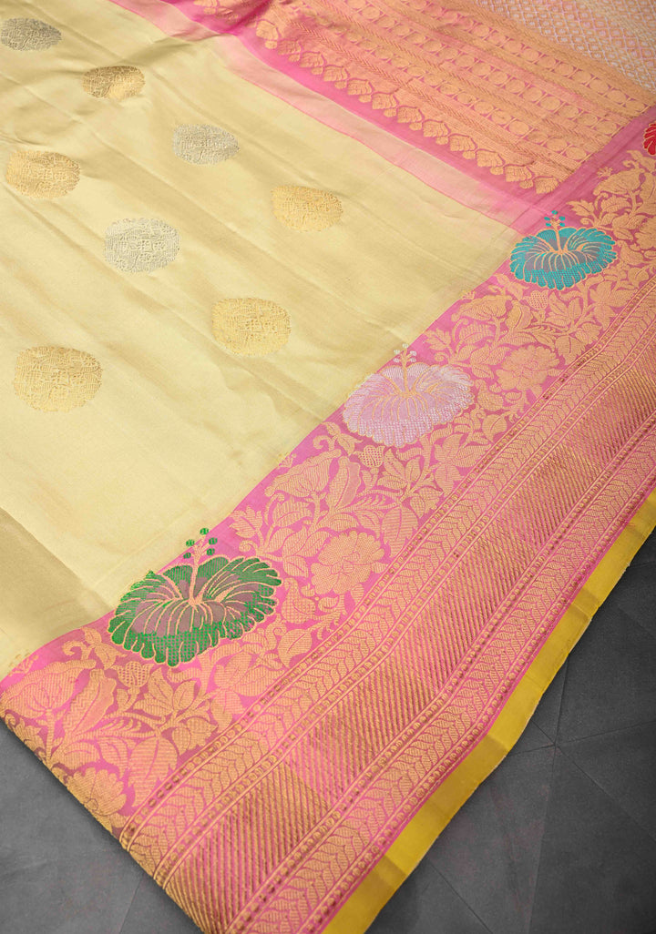 Beige Gadwal Pure Silk Saree with Sona Rupa Motifs and Meenakari Zari Border | SILK MARK CERTIFIED