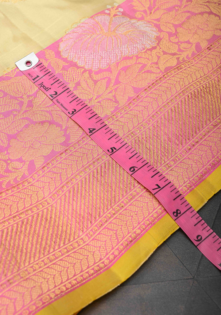 Beige Gadwal Pure Silk Saree with Sona Rupa Motifs and Meenakari Zari Border | SILK MARK CERTIFIED