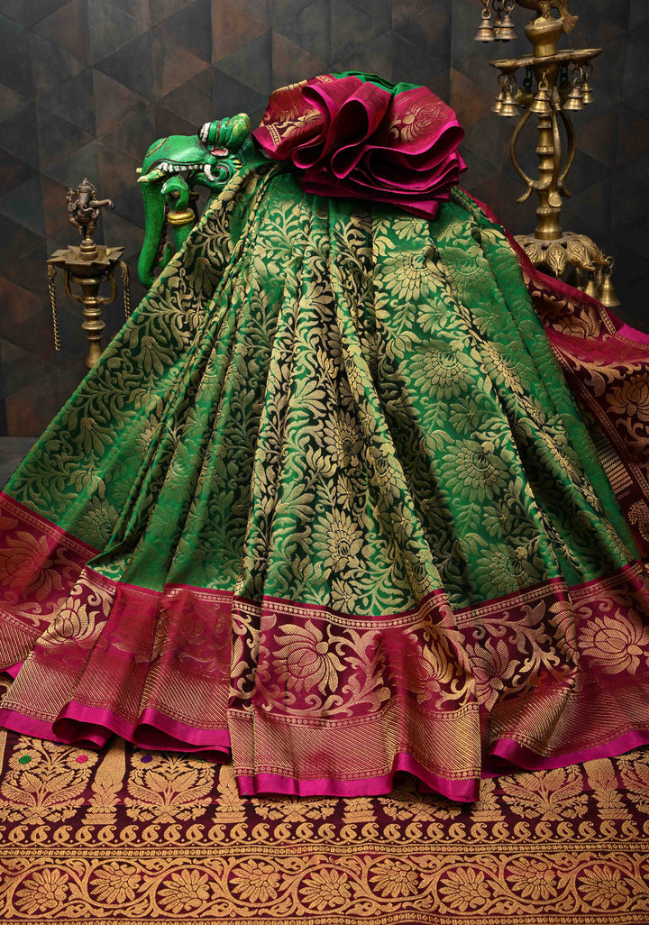 Green Gadwal Pure Silk Saree with Floral Brocade and Contrast Zari Border | SILK MARK CERTIFIED