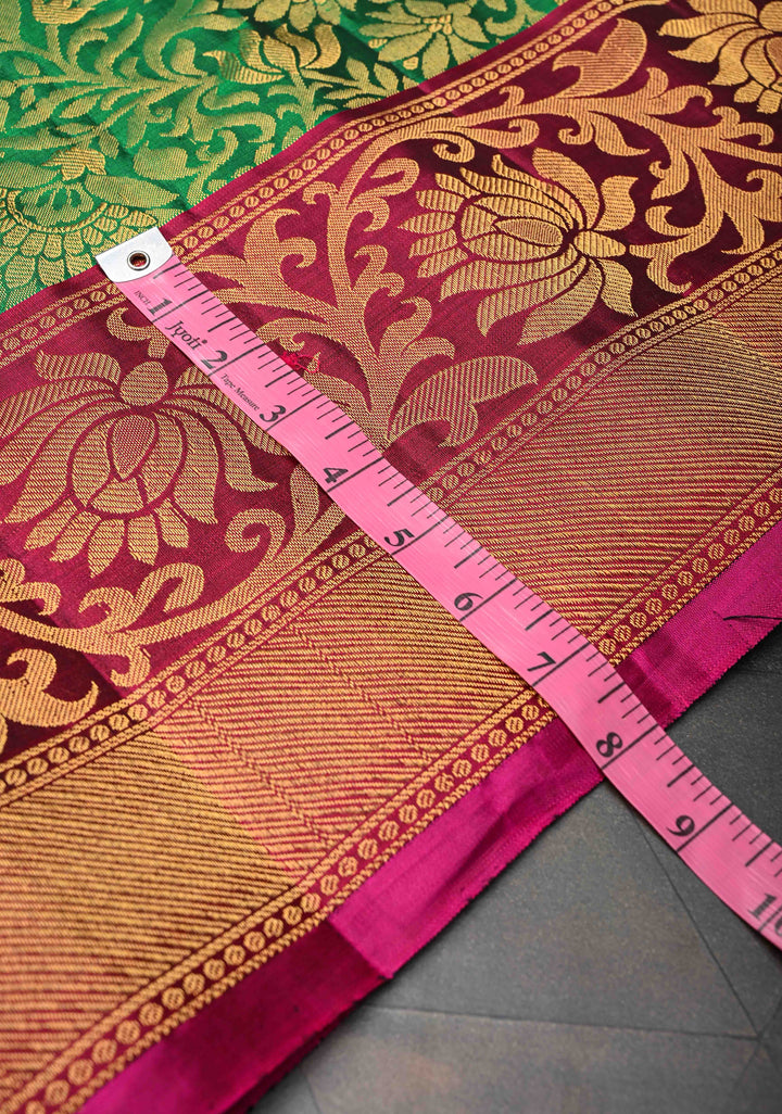 Green Gadwal Pure Silk Saree with Floral Brocade and Contrast Zari Border | SILK MARK CERTIFIED