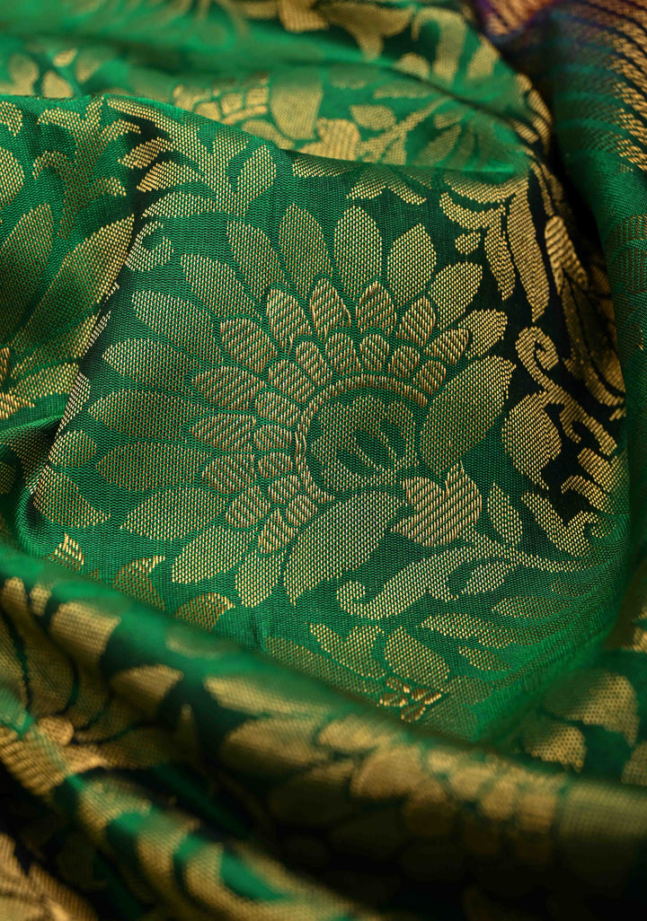 Green Gadwal Pure Silk Saree with Floral Brocade and Contrast Zari Border | SILK MARK CERTIFIED