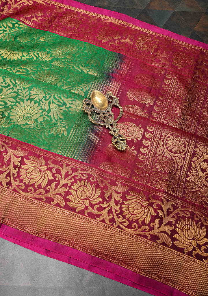 Green Gadwal Pure Silk Saree with Floral Brocade and Contrast Zari Border | SILK MARK CERTIFIED
