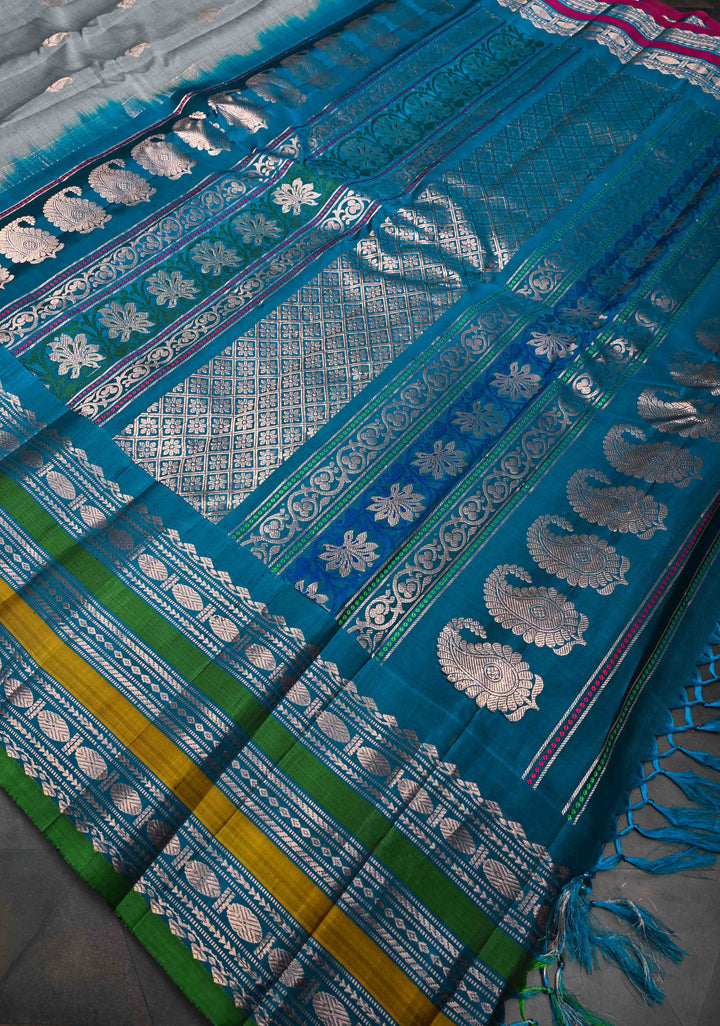 Gadwal Silk Cotton Saree in Gray With Zari Border with Contrast Zari Border