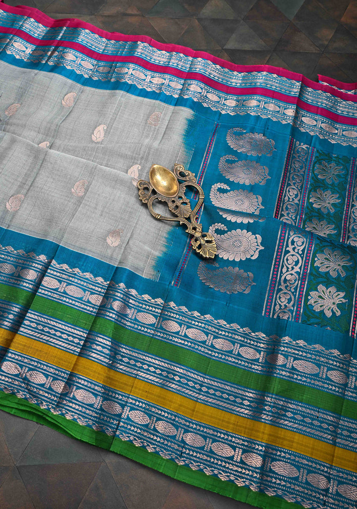 Gadwal Silk Cotton Saree in Gray With Zari Border with Contrast Zari Border