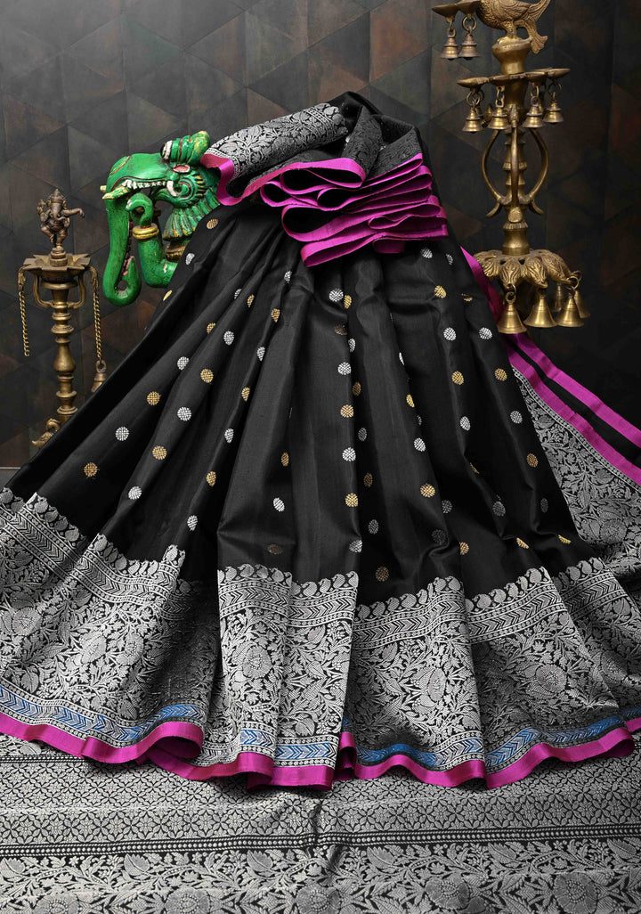 Black Gadwal Pure Silk Saree with Buttas and Silver Zari Border | SILK MARK CERTIFIED