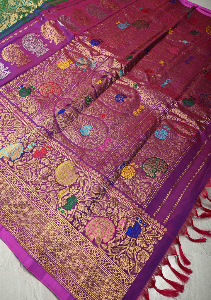 PREORDER : Stunning Peacock Green Gadwal Pure Silk Saree with Pashmina Brocade and Meenakari Magenta Pallu | SILK MARK CERTIFIED