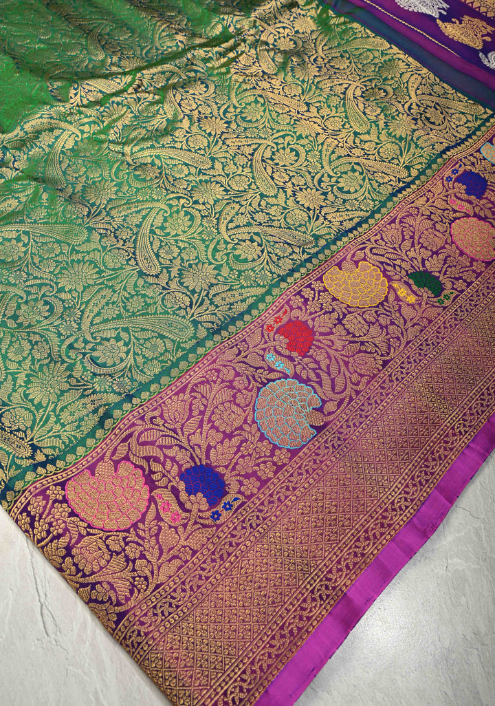 PREORDER : Stunning Peacock Green Gadwal Pure Silk Saree with Pashmina Brocade and Meenakari Magenta Pallu | SILK MARK CERTIFIED