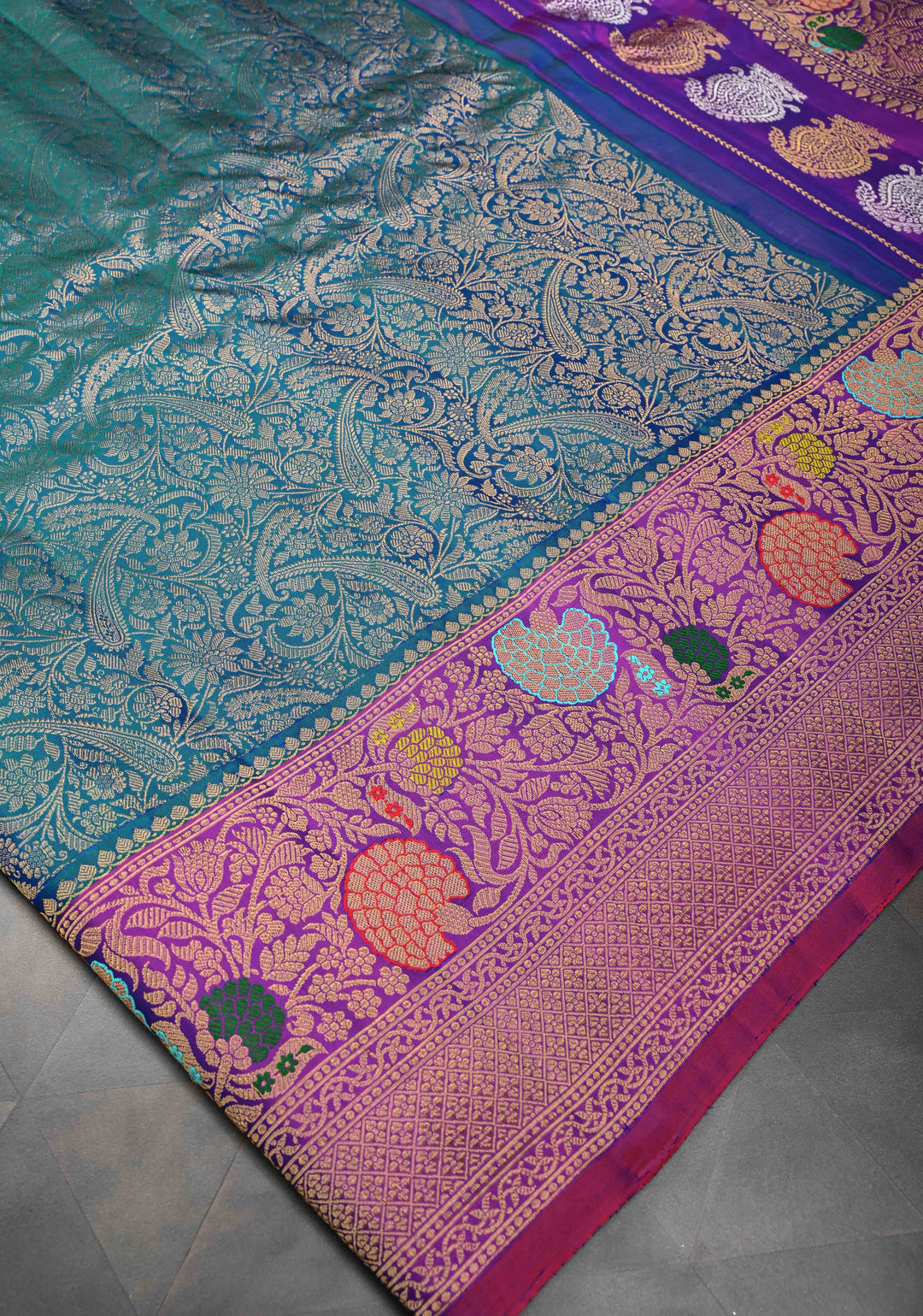 Stunning Peacock Blue Gadwal Pure Silk Saree with Pashmina Brocade and Meenakari Magenta Pallu | SILK MARK CERTIFIED