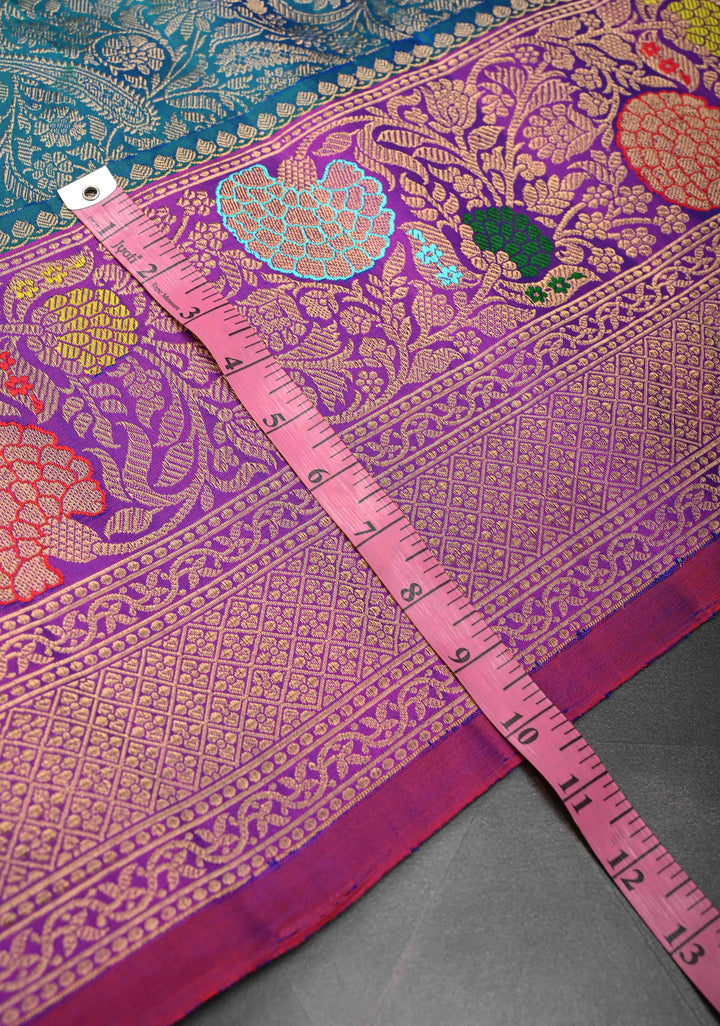 Stunning Peacock Blue Gadwal Pure Silk Saree with Pashmina Brocade and Meenakari Magenta Pallu | SILK MARK CERTIFIED