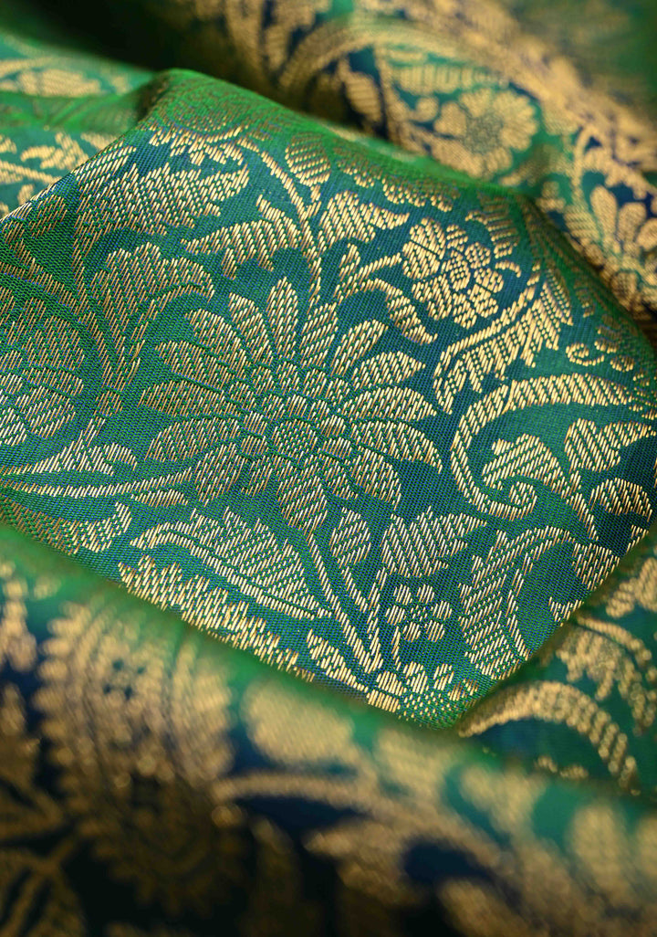 PREORDER : Stunning Peacock Green Gadwal Pure Silk Saree with Pashmina Brocade and Meenakari Magenta Pallu | SILK MARK CERTIFIED