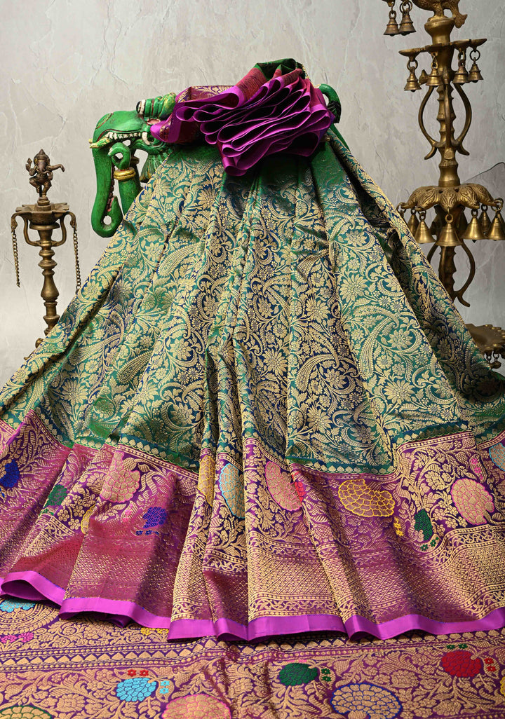 PREORDER : Stunning Peacock Green Gadwal Pure Silk Saree with Pashmina Brocade and Meenakari Magenta Pallu | SILK MARK CERTIFIED