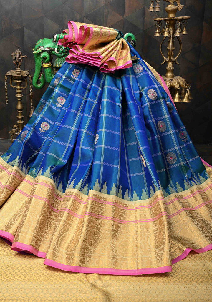 Blue GreenDual Tone Checks on Pure Gadwal Silk saree, Meenakari Floral buttas and Cream Contrast Zari Border | SILK MARK CERTIFIED