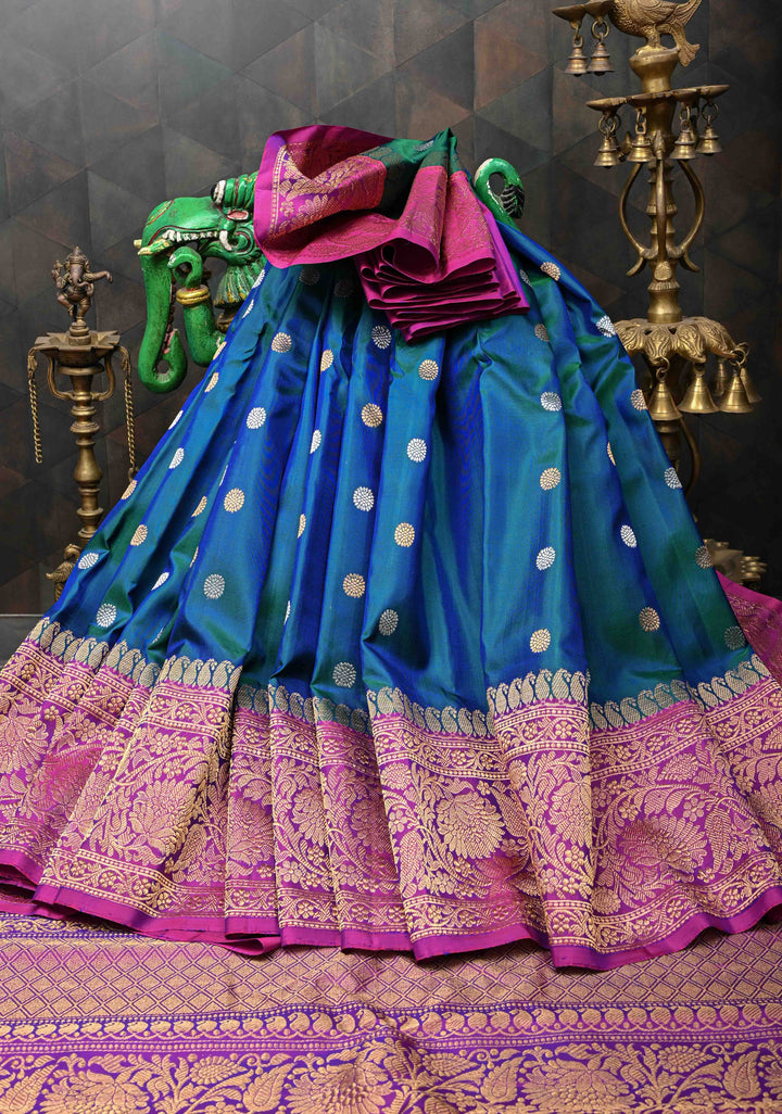 Blue Dual tone Gadwal Pure Silk Saree with Silver, Gold Buttas and Contrast Zari Border | SILK MARK CERTIFIED