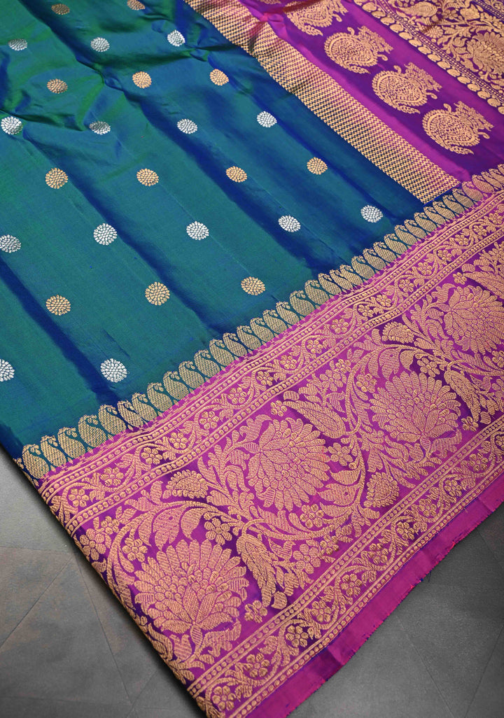Blue Dual tone Gadwal Pure Silk Saree with Silver, Gold Buttas and Contrast Zari Border | SILK MARK CERTIFIED