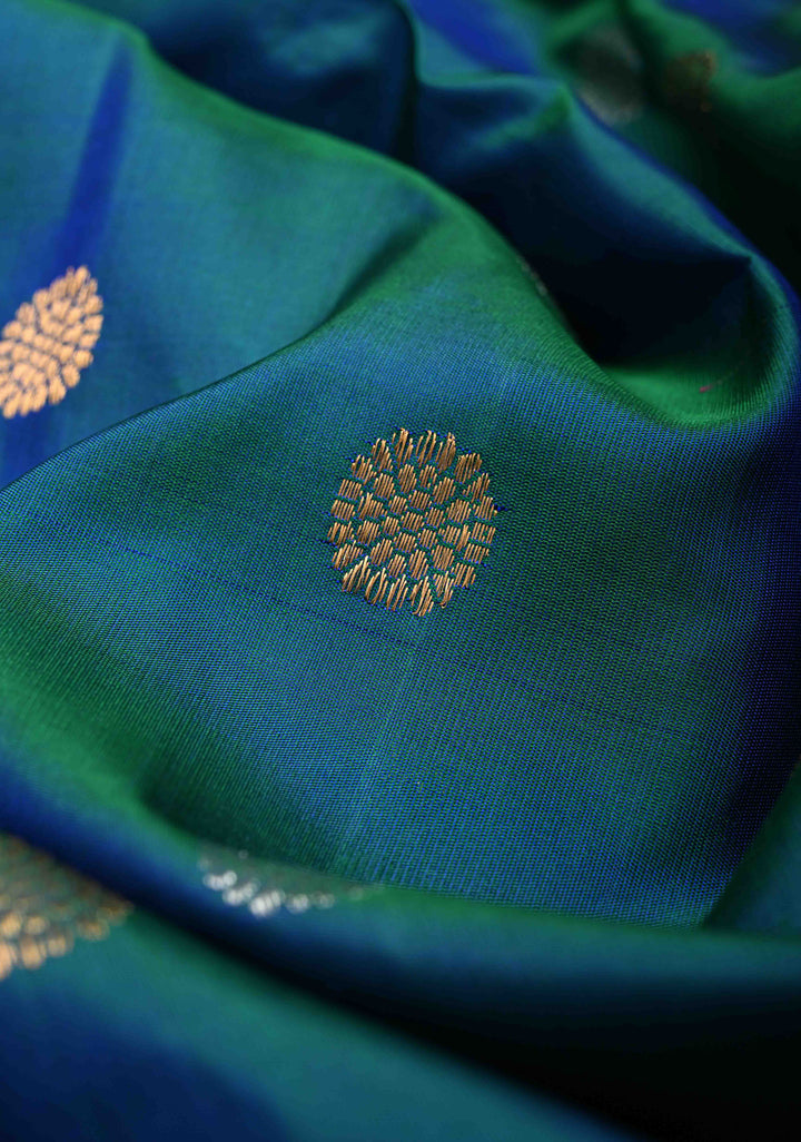 Blue Dual tone Gadwal Pure Silk Saree with Silver, Gold Buttas and Contrast Zari Border | SILK MARK CERTIFIED