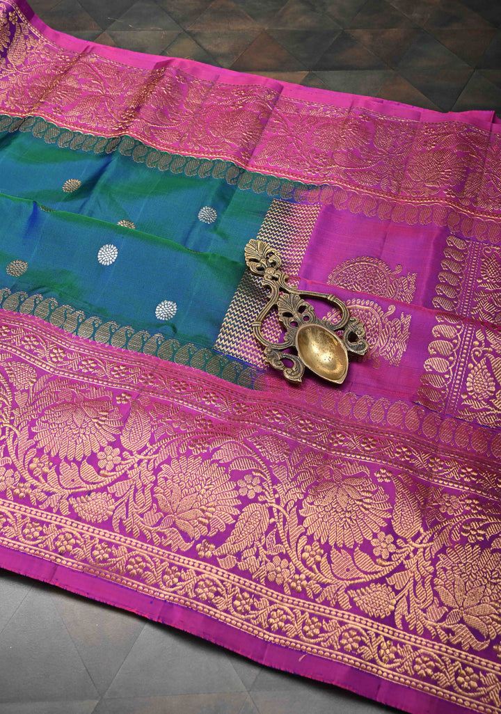 Blue Dual tone Gadwal Pure Silk Saree with Silver, Gold Buttas and Contrast Zari Border | SILK MARK CERTIFIED