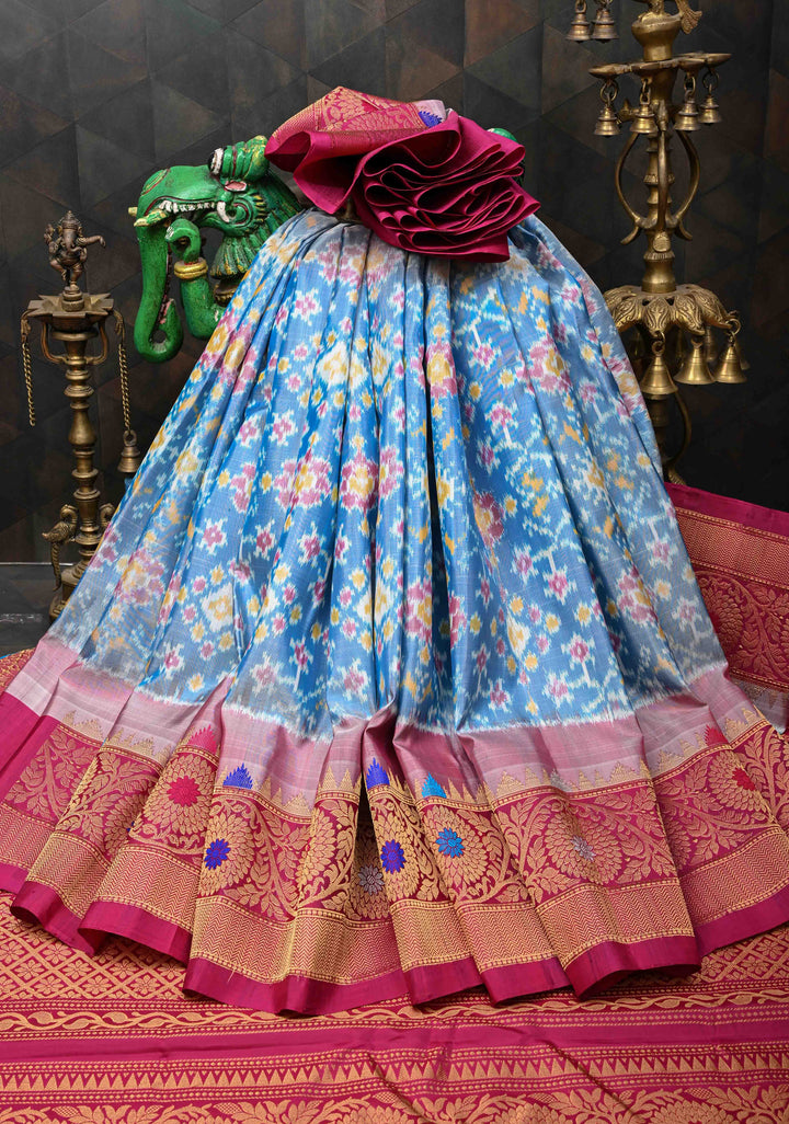 Dusty Blue Fushion Ikkat Gadwal Silk Saree with Meenakari Contrast border and pallu  | SILK MARK CERTIFIED