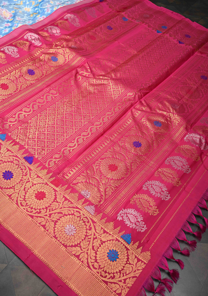 Dusty Blue Fushion Ikkat Gadwal Silk Saree with Meenakari Contrast border and pallu  | SILK MARK CERTIFIED