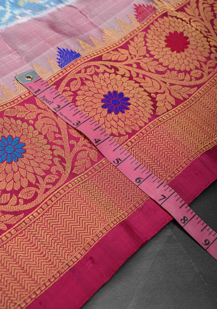 Dusty Blue Fushion Ikkat Gadwal Silk Saree with Meenakari Contrast border and pallu  | SILK MARK CERTIFIED