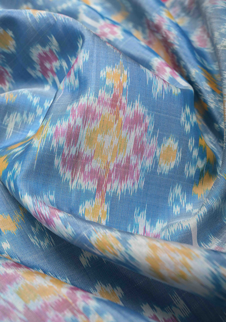 Dusty Blue Fushion Ikkat Gadwal Silk Saree with Meenakari Contrast border and pallu  | SILK MARK CERTIFIED