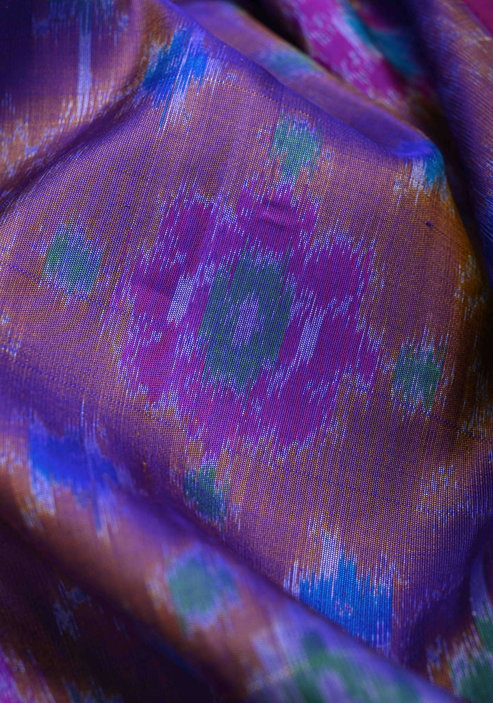 Blue Dual Tone Fusion Ikkat Gadwal Silk Saree with Contrast Zari Border | SILK MARK CERTIFIED