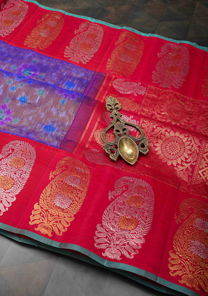 Blue Dual Tone Fusion Ikkat Gadwal Silk Saree with Contrast Zari Border | SILK MARK CERTIFIED