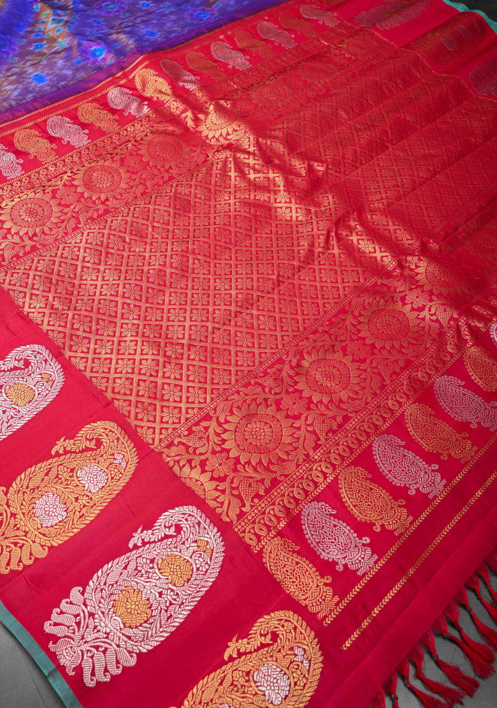 Blue Dual Tone Fusion Ikkat Gadwal Silk Saree with Contrast Zari Border | SILK MARK CERTIFIED