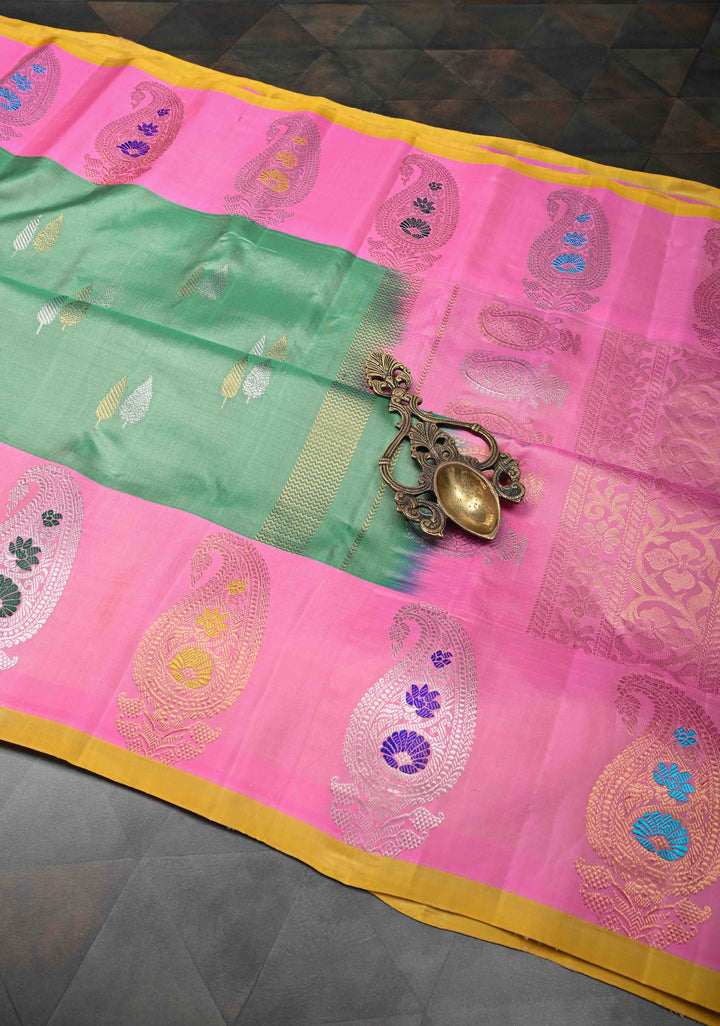 frost mint Green Gadwal Pure Silk Saree with Dual tone Buttas and Distinct Meenakari Paisley Border, Pallu | SILK MARK CERTIFIED