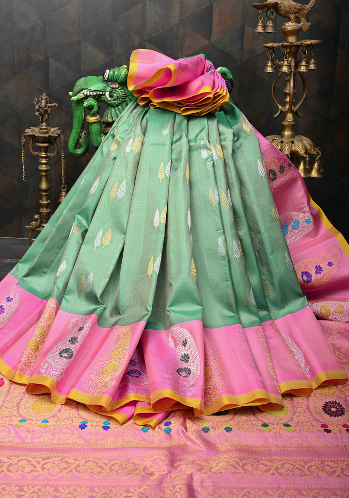 frost mint Green Gadwal Pure Silk Saree with Dual tone Buttas and Distinct Meenakari Paisley Border, Pallu | SILK MARK CERTIFIED