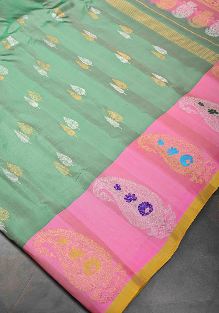 frost mint Green Gadwal Pure Silk Saree with Dual tone Buttas and Distinct Meenakari Paisley Border, Pallu | SILK MARK CERTIFIED