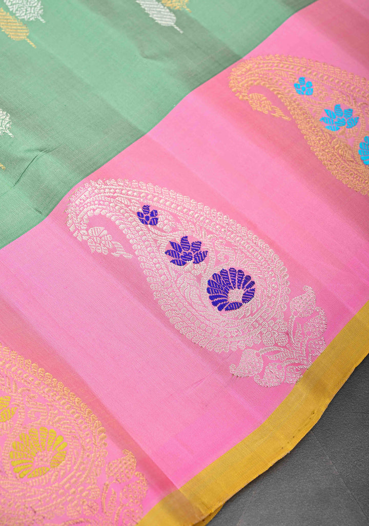 frost mint Green Gadwal Pure Silk Saree with Dual tone Buttas and Distinct Meenakari Paisley Border, Pallu | SILK MARK CERTIFIED