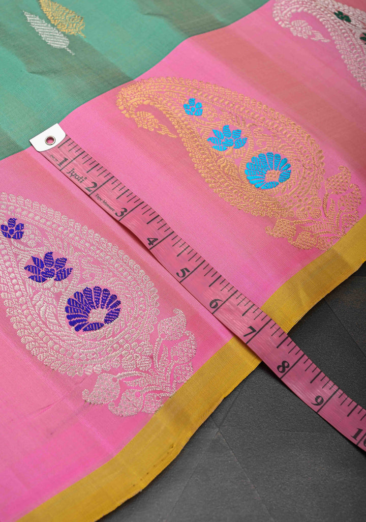 frost mint Green Gadwal Pure Silk Saree with Dual tone Buttas and Distinct Meenakari Paisley Border, Pallu | SILK MARK CERTIFIED