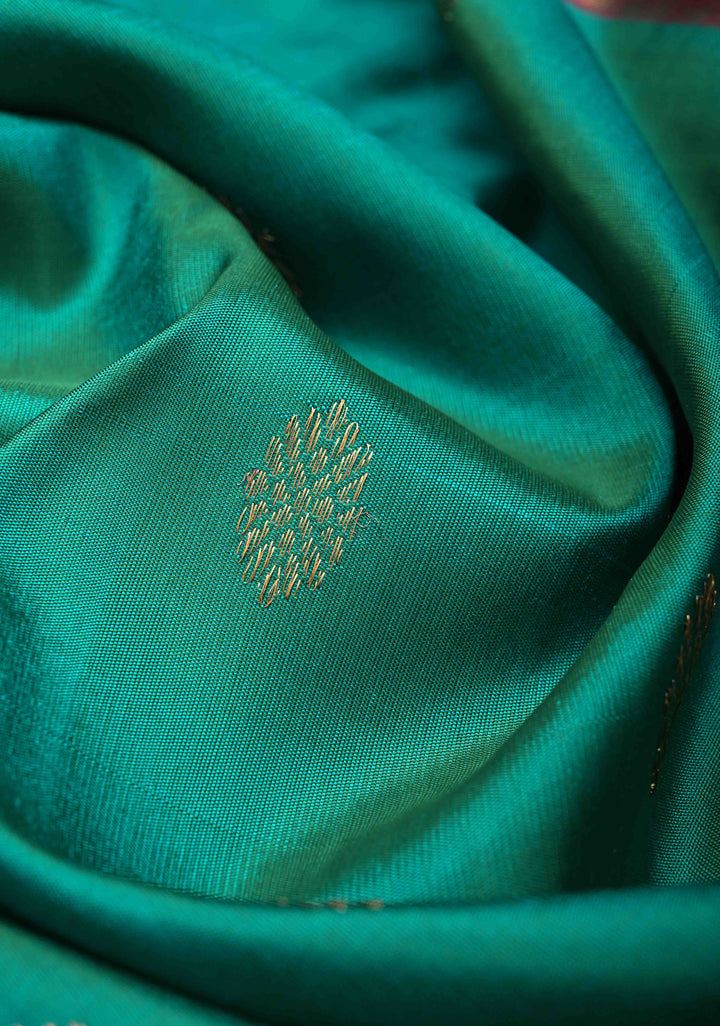 Teal Pure Korvai Gadwal Silk saree with Zari Motifs and Contrast Border, Pallu | SILK MARK CERTIFIED