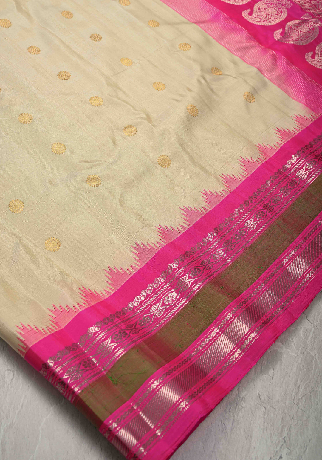 Cream Pure Gadwal Silk Saree with Zari Buttas and Contrast Rettaipet Border | SILK MARK CERTIFIED