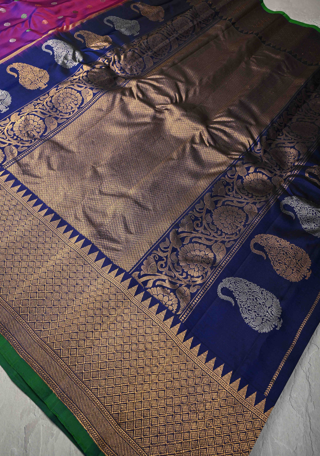 Purple Pure Gadwal Silk Saree with Gold-Silver Buttas and Contrast Zari Border | SILK MARK CERTIFIED