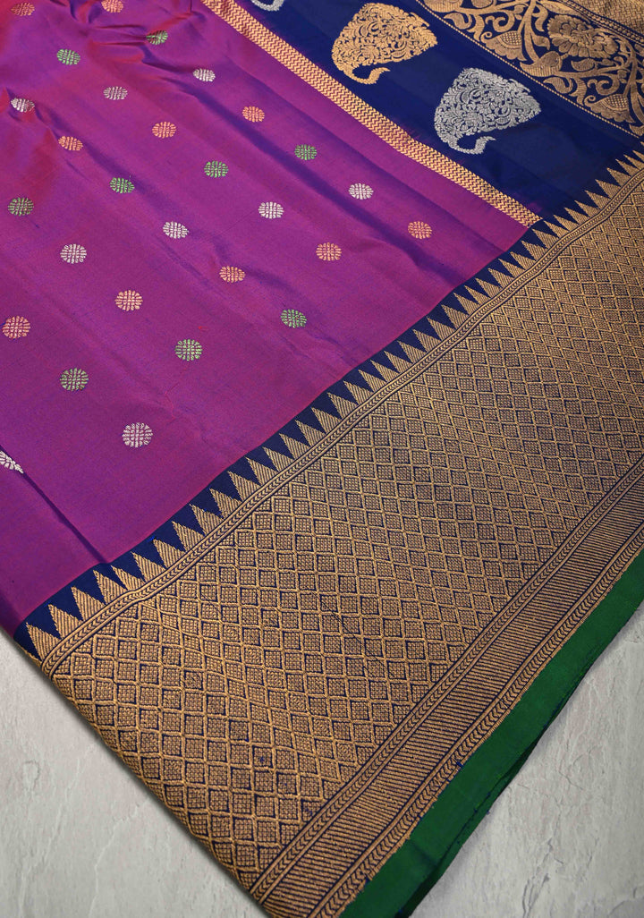 Purple Pure Gadwal Silk Saree with Gold-Silver Buttas and Contrast Zari Border | SILK MARK CERTIFIED