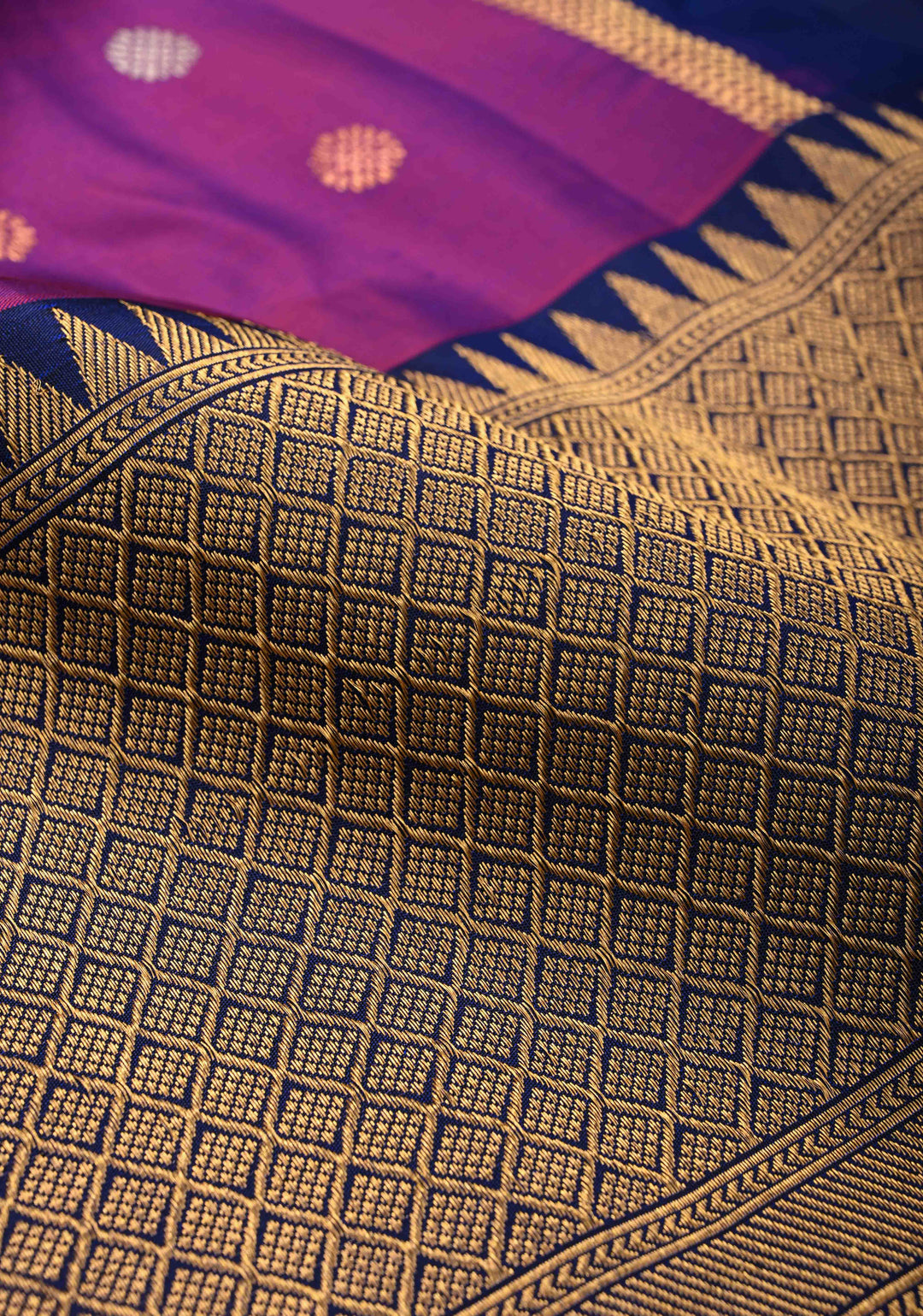 Purple Pure Gadwal Silk Saree with Gold-Silver Buttas and Contrast Zari Border | SILK MARK CERTIFIED