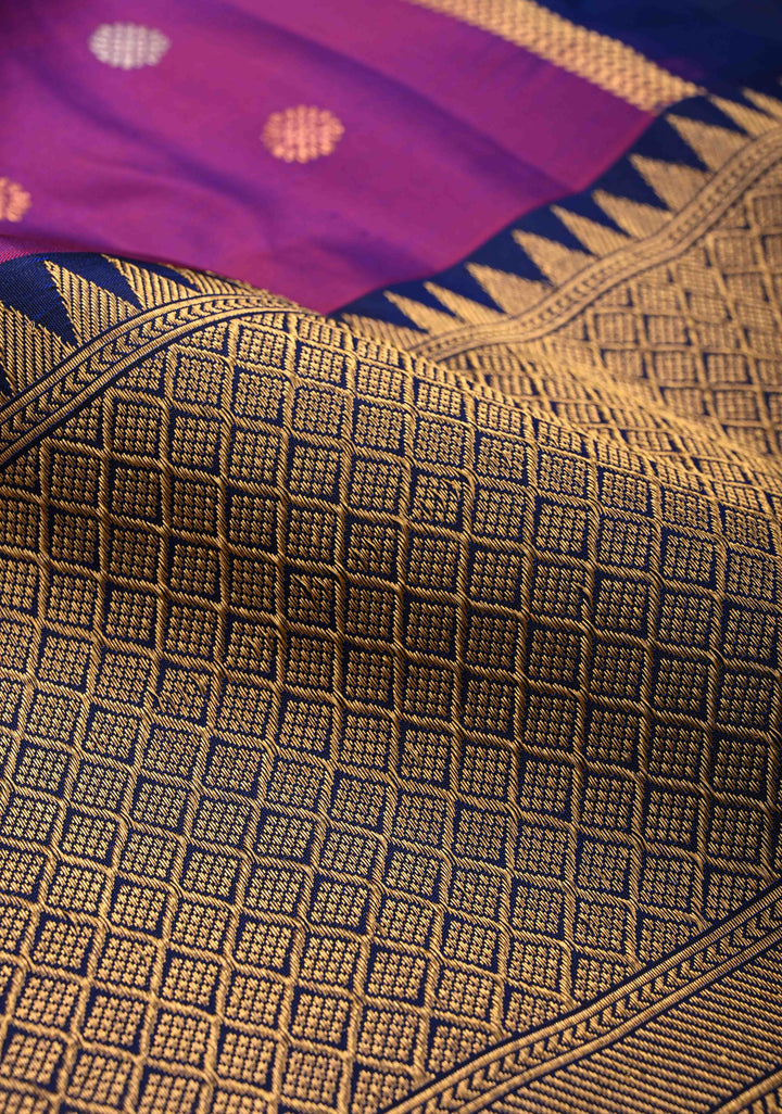 Purple Pure Gadwal Silk Saree with Gold-Silver Buttas and Contrast Zari Border | SILK MARK CERTIFIED
