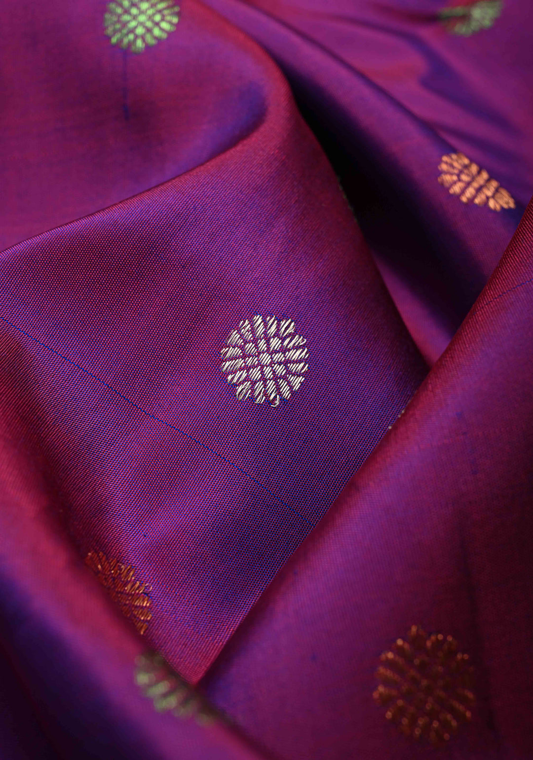 Purple Pure Gadwal Silk Saree with Gold-Silver Buttas and Contrast Zari Border | SILK MARK CERTIFIED