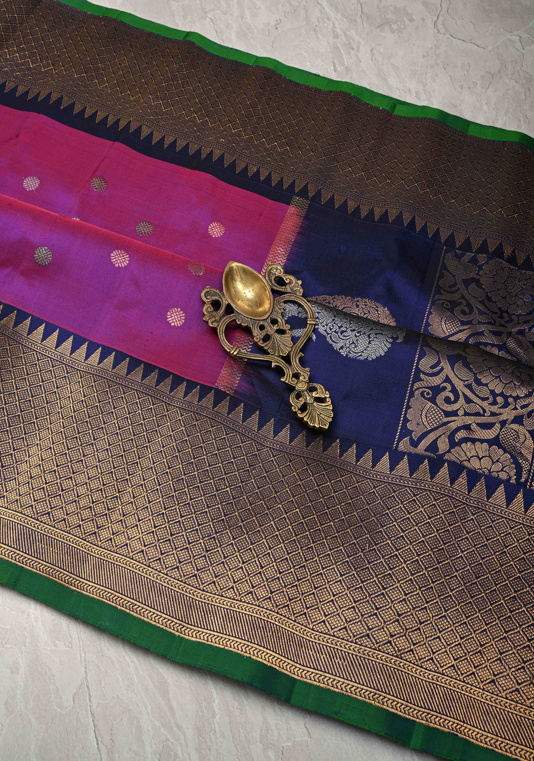 Purple Pure Gadwal Silk Saree with Gold-Silver Buttas and Contrast Zari Border | SILK MARK CERTIFIED