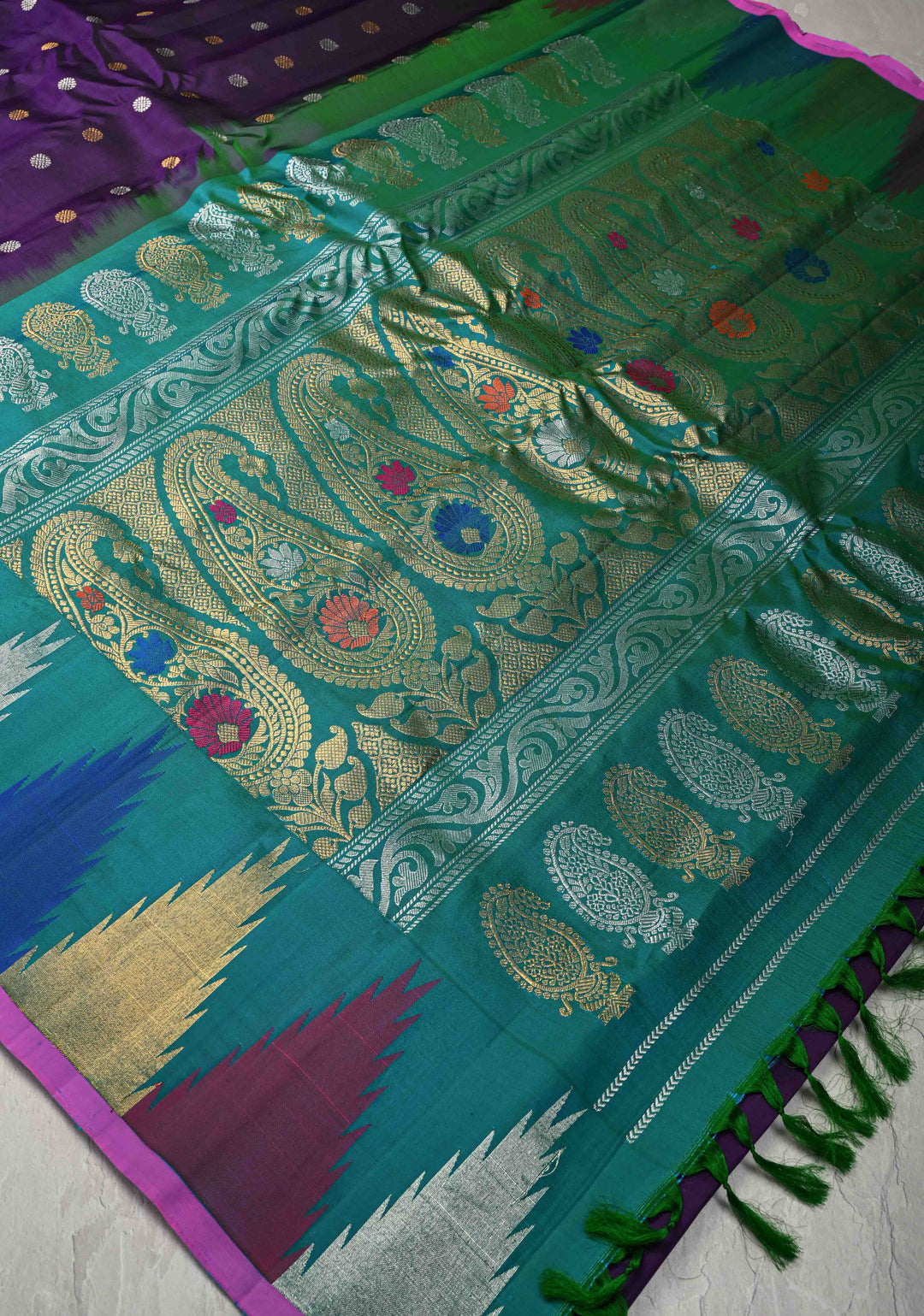 Deep Eggplant Pure Gadwal Silk Saree with Gold-Silver Buttas and Multicolor Temple Border | SILK MARK CERTIFIED