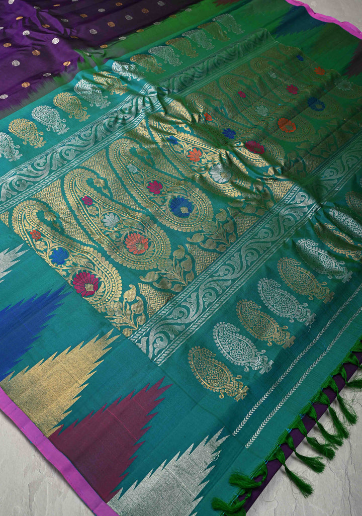Deep Eggplant Pure Gadwal Silk Saree with Gold-Silver Buttas and Multicolor Temple Border | SILK MARK CERTIFIED