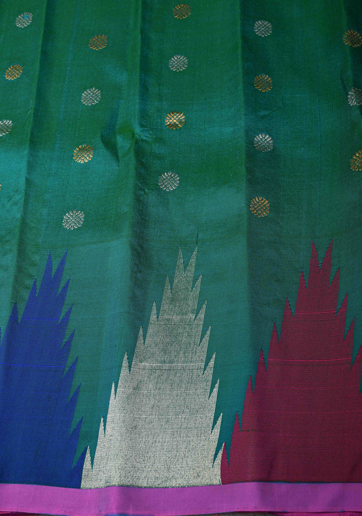 Deep Eggplant Pure Gadwal Silk Saree with Gold-Silver Buttas and Multicolor Temple Border | SILK MARK CERTIFIED